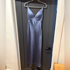 Jenny Yoo Satin Slip Maxi Dress in Steel Blue